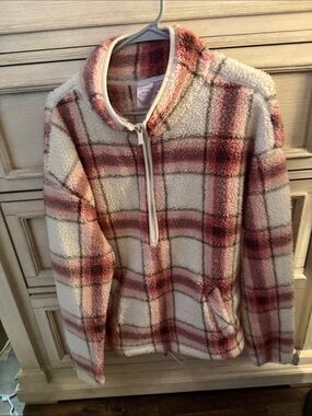 No Boundaries Cream and Pink Plaid Sherpa Half-Zip Pullover